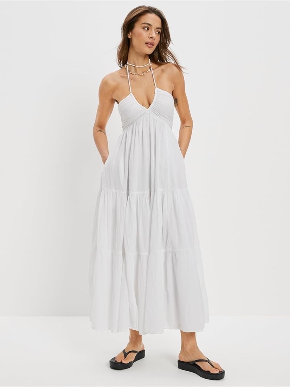 American Eagle Dress White Midi Tiered Coquette Cottagecore AEO Medium M